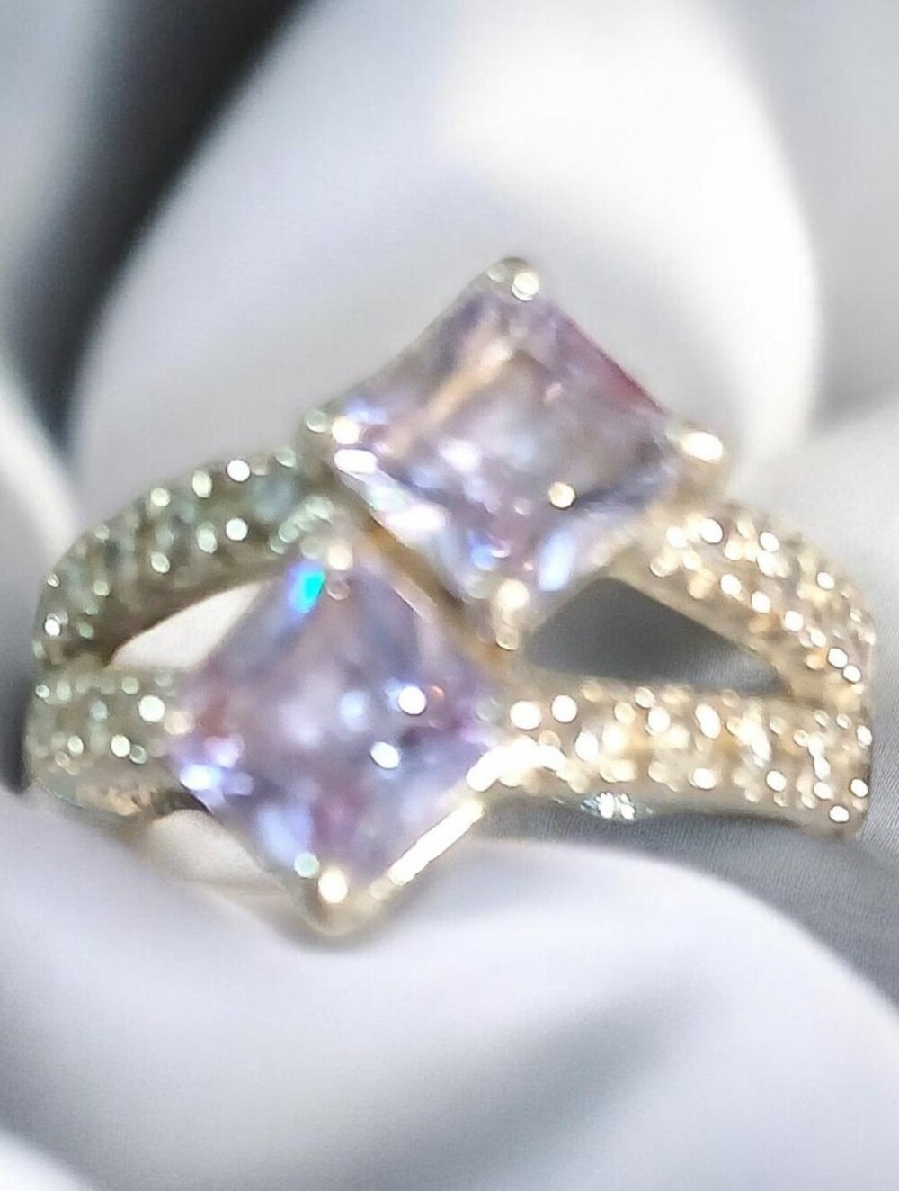 Sterling Silver With Purple Twin Cushion Ring with Pave Band